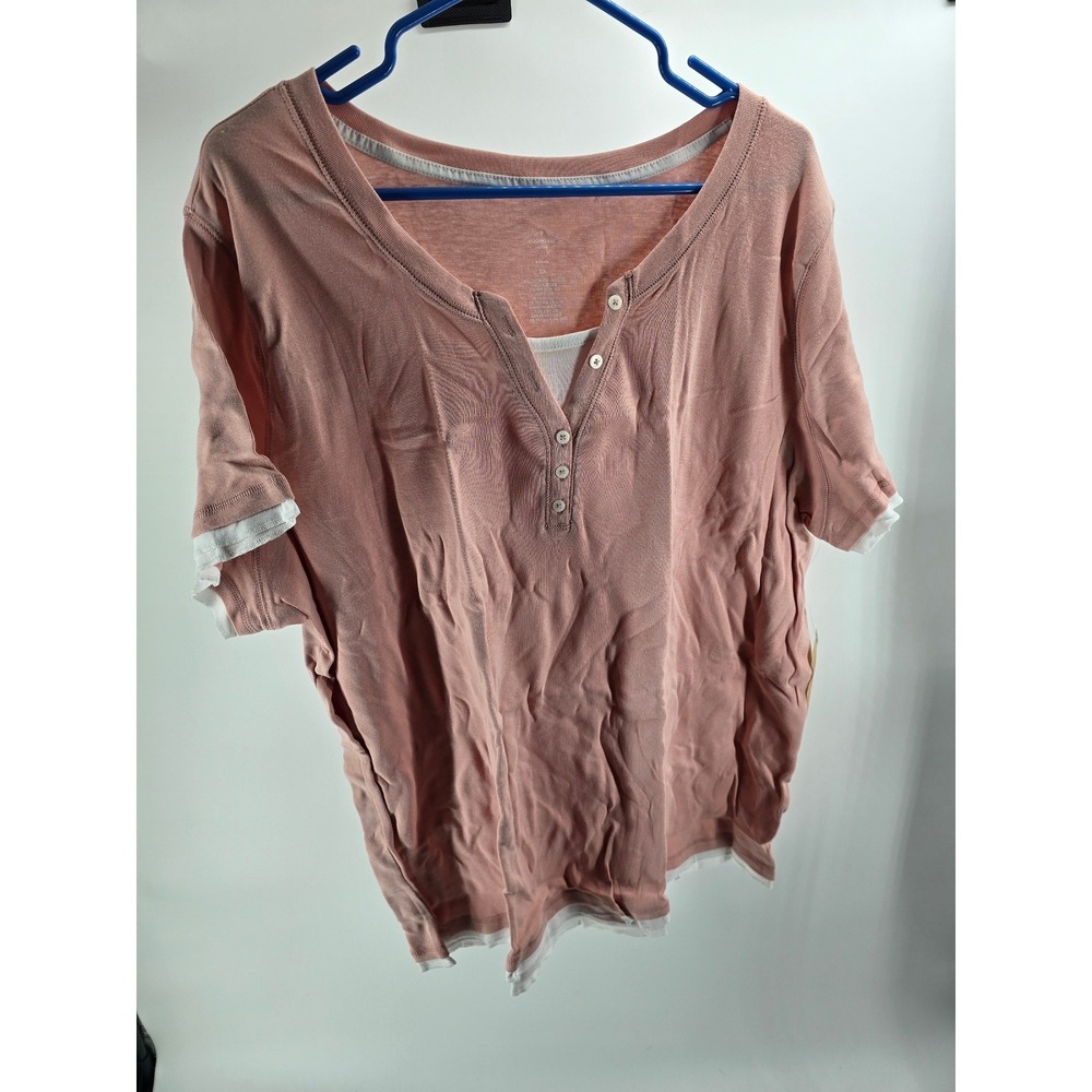 St Johns Bay Active Womens 3X Peachy Pink Layered Henley‎ Short Sleeve Top New
